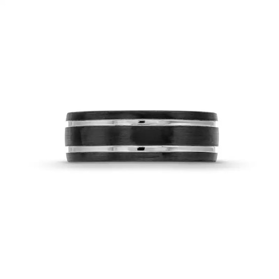 8.0mm Engravable Double Stripe Wedding Band in Tungsten with Black Ion Plate