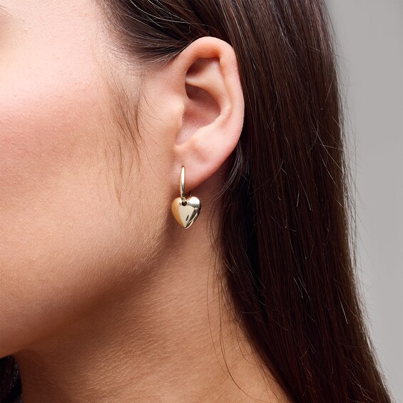 Heart Hoop Drop Earrings in Hollow 10K Gold
