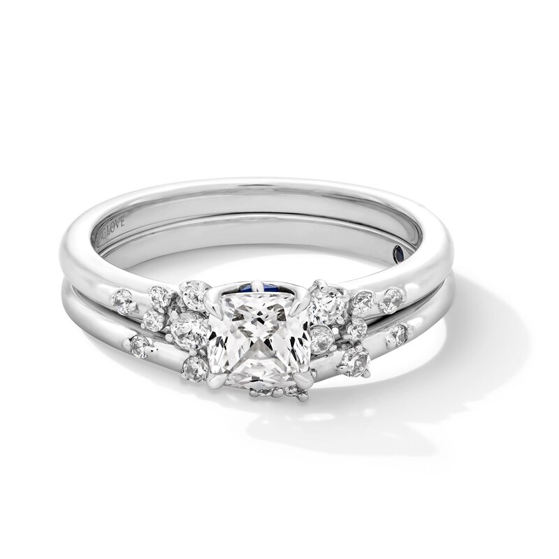 Main Image 1 of Vera Wang Love Collection 5/8 CT. T.W. Cushion-Cut Diamond Scatter Shank Bridal Set in 14K White Gold