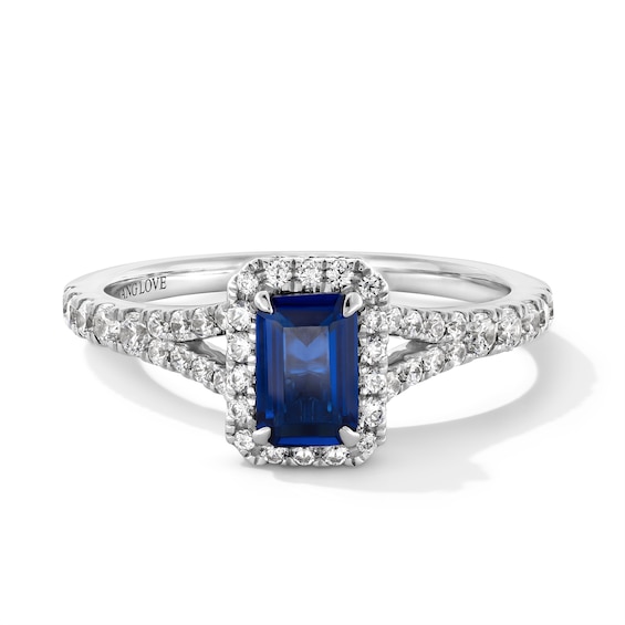 Vera Wang Love Collection Emerald-Cut Blue Sapphire and 1/3 CT. T.w. Diamond Frame Engagement Ring in 14K White Gold