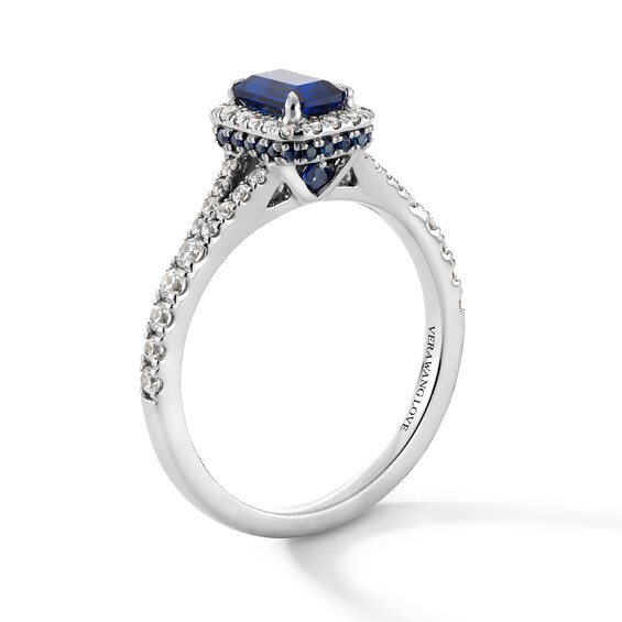 Vera Wang Love Collection Emerald-Cut Blue Sapphire and 1/3 CT. T.w. Diamond Frame Engagement Ring in 14K White Gold