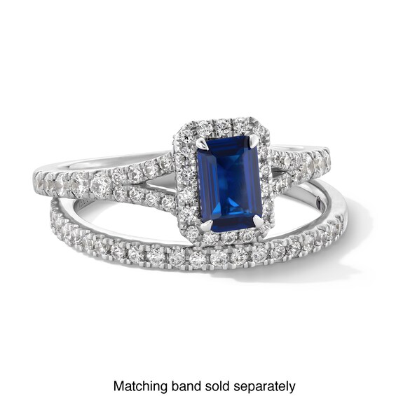 Vera Wang Love Collection Emerald-Cut Blue Sapphire and 1/3 CT. T.w. Diamond Frame Engagement Ring in 14K White Gold