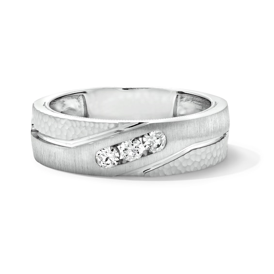 1/4 CT. T.w. Diamond Channel-Set Three Stone Hammered Band in 10K White Gold