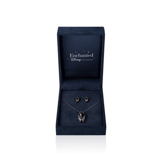 Enchanted Disney Villains Maleficent Onyx and Black Diamond Wings Pendant and Stud Earrings Set in Black Sterling Silver