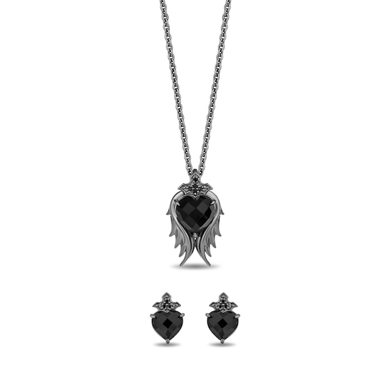 Enchanted Disney Villains Maleficent Onyx and Black Diamond Wings Pendant and Stud Earrings Set in Black Sterling Silver