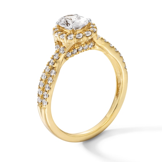 1 CT. T.w. Oval Certified Lab-Grown Diamond Frame Crossover Shank Engagement Ring in 14K Gold (F/Si2)
