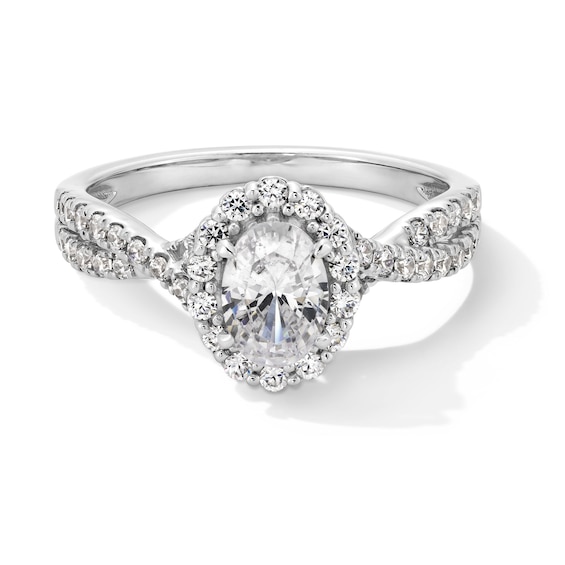 1 CT. T.w. Oval Certified Lab-Grown Diamond Frame Crossover Shank Engagement Ring in 14K White Gold (F/Si2)