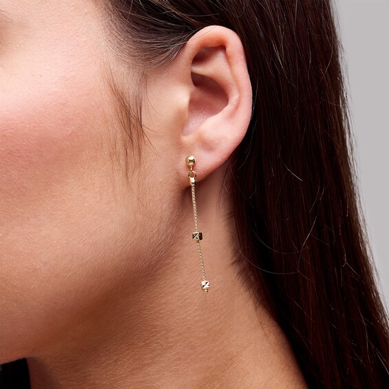 Cube Station Chain Drop Earrings in Hollow 10K Gold