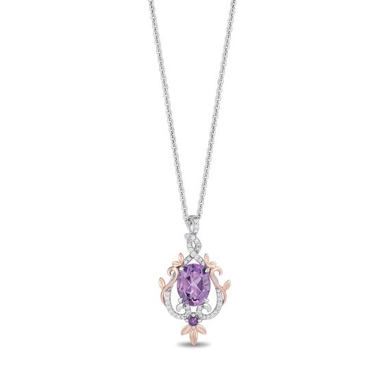 Enchanted Disney Rapunzel Oval Amethyst and Diamond Floral Drop Pendant in Sterling Silver and 10K Rose Gold - 19"