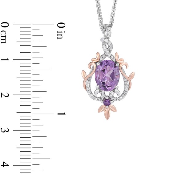 Enchanted Disney Rapunzel Oval Amethyst and Diamond Floral Drop Pendant in Sterling Silver and 10K Rose Gold - 19"