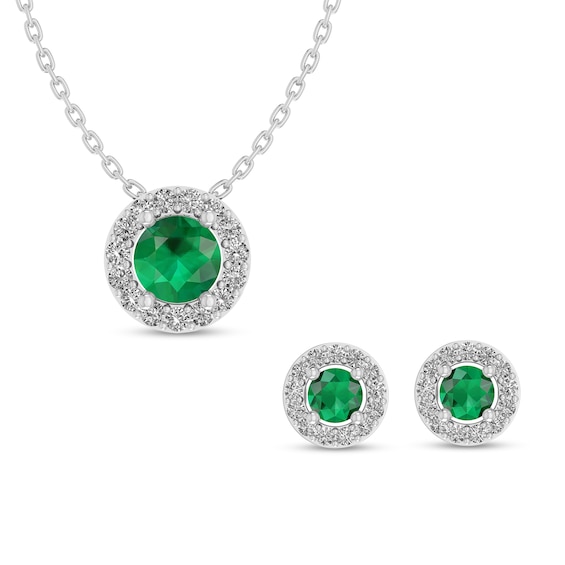 Lab-Created Emerald and White Lab-Created Sapphire Frame Pendant and Stud Earrings Set in Sterling Silver
