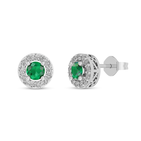 Lab-Created Emerald and White Lab-Created Sapphire Frame Pendant and Stud Earrings Set in Sterling Silver