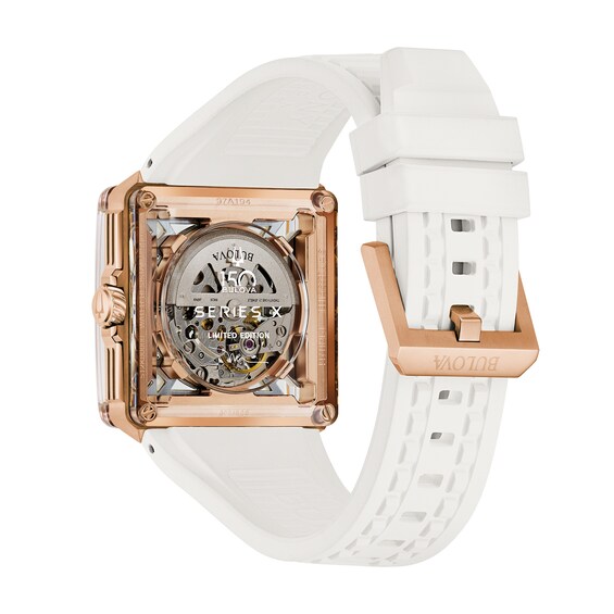 Menâs Bulova Limited Edition Series X Marc Anthony Rose-Tone Automatic Watch with Square Skeleton Dial (Model: 97A194)