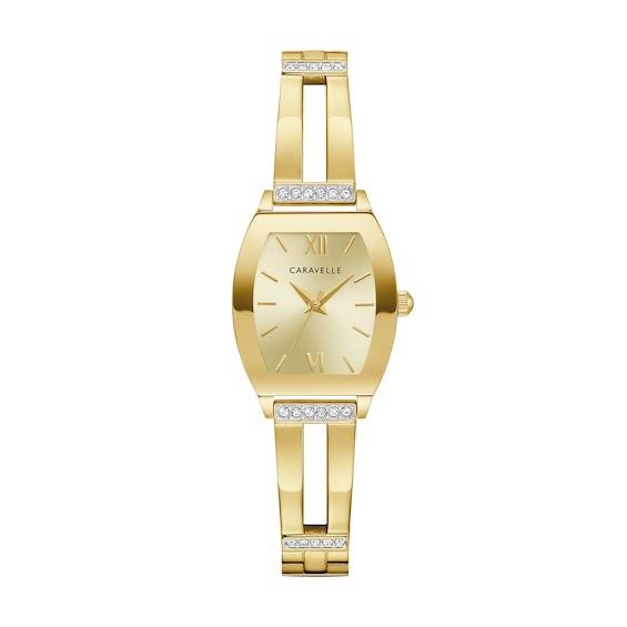 Ladies' Caravelle by Bulova Modern Crystal Accent Gold-Tone IP Bangle Watch with Tonneau Champagne Dial (Model: 44L226)