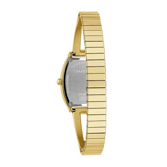 Ladies' Caravelle by Bulova Modern Crystal Accent Gold-Tone IP Bangle Watch with Tonneau Champagne Dial (Model: 44L226)