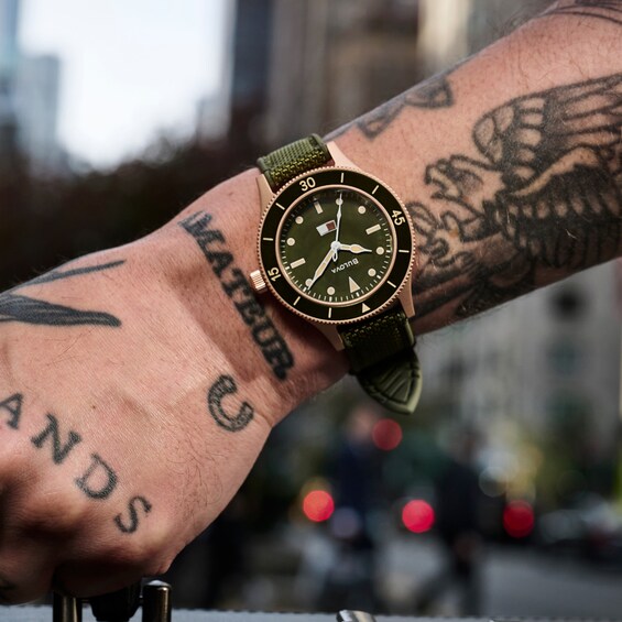 Men's Bulova 150th Anniversary Special Edition Mil-Ships Bronze Case Automatic Watch with Green Dial (Model: 98A324)