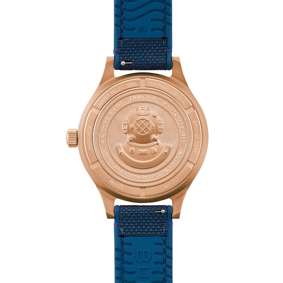 Men's Bulova 150th Anniversary Special Edition Mil-Ships Bronze Case Automatic Watch with Blue Dial (Model: 98A325)