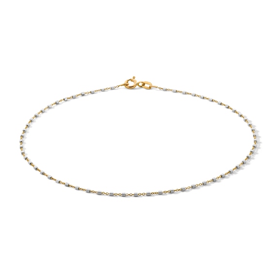 Square Bead Station Cable Chain Anklet in Solid 10K Two-Tone Gold - 10"