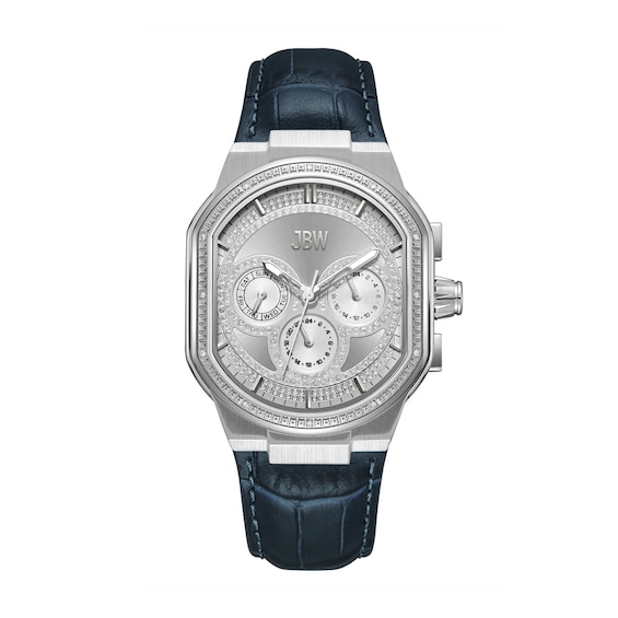 Men's JBW Orion 5/8 CT. T.w. Diamond Navy Blue Leather Strap Chronograph Watch with Silver-Tone Dial (Model: J6408A)