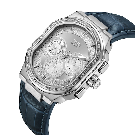 Men's JBW Orion 5/8 CT. T.w. Diamond Navy Blue Leather Strap Chronograph Watch with Silver-Tone Dial (Model: J6408A)
