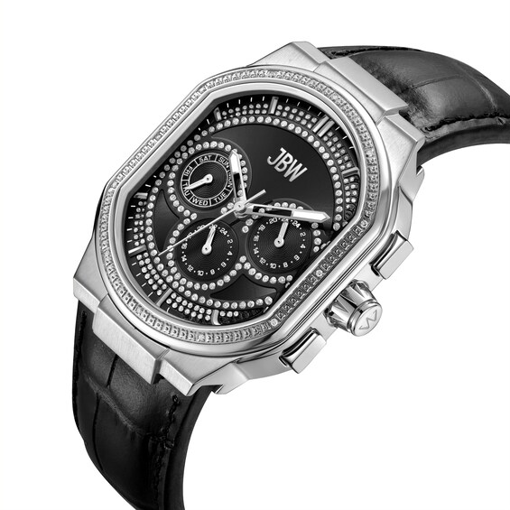 Men's JBW Orion 5/8 CT. T.w. Diamond Black Leather Strap Chronograph Watch with Black Dial (Model: J6408C)