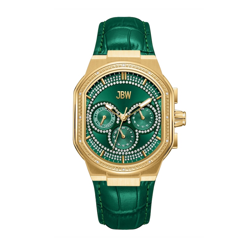 Main Image 1 of Men's JBW Orion 5/8 CT. T.W. Diamond 18K Gold Plate Green Strap Chronograph Watch with Green Dial (Model: J6408E)