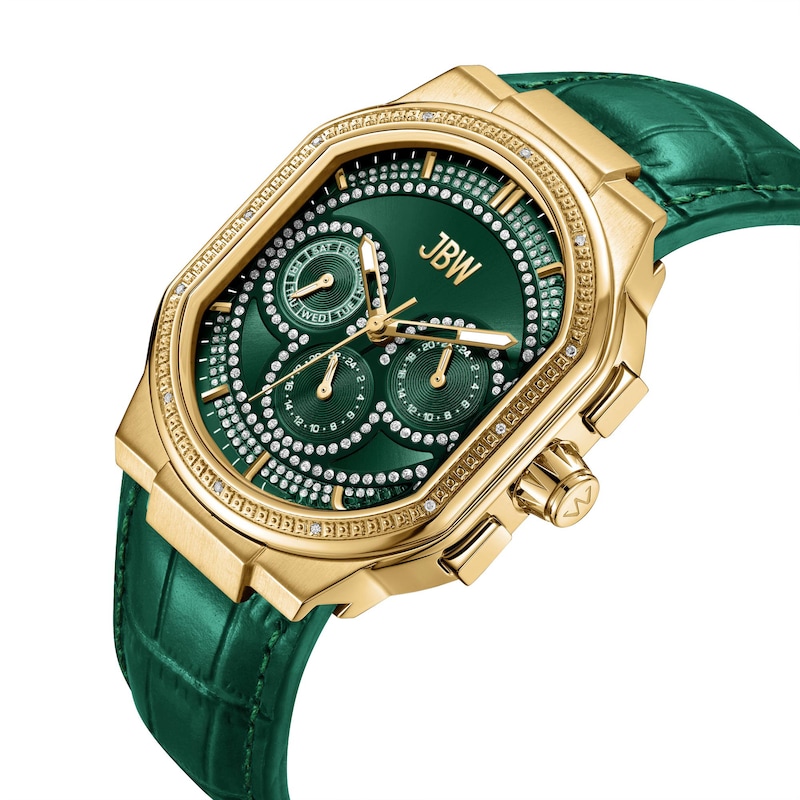 Main Image 3 of Men's JBW Orion 5/8 CT. T.W. Diamond 18K Gold Plate Green Strap Chronograph Watch with Green Dial (Model: J6408E)