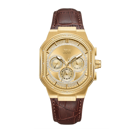 Men's JBW Orion 5/8 CT. T.w. Diamond 18K Gold Plate Brown Strap Chronograph Watch with Gold-Tone Dial (Model: J6408B)