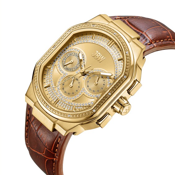 Men's JBW Orion 5/8 CT. T.w. Diamond 18K Gold Plate Brown Strap Chronograph Watch with Gold-Tone Dial (Model: J6408B)