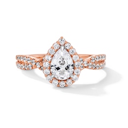1 CT. T.W. Pear-Shaped Certified Lab-Grown Diamond Frame Crossover Shank Engagement Ring in 14K Rose Gold (F/SI2)
