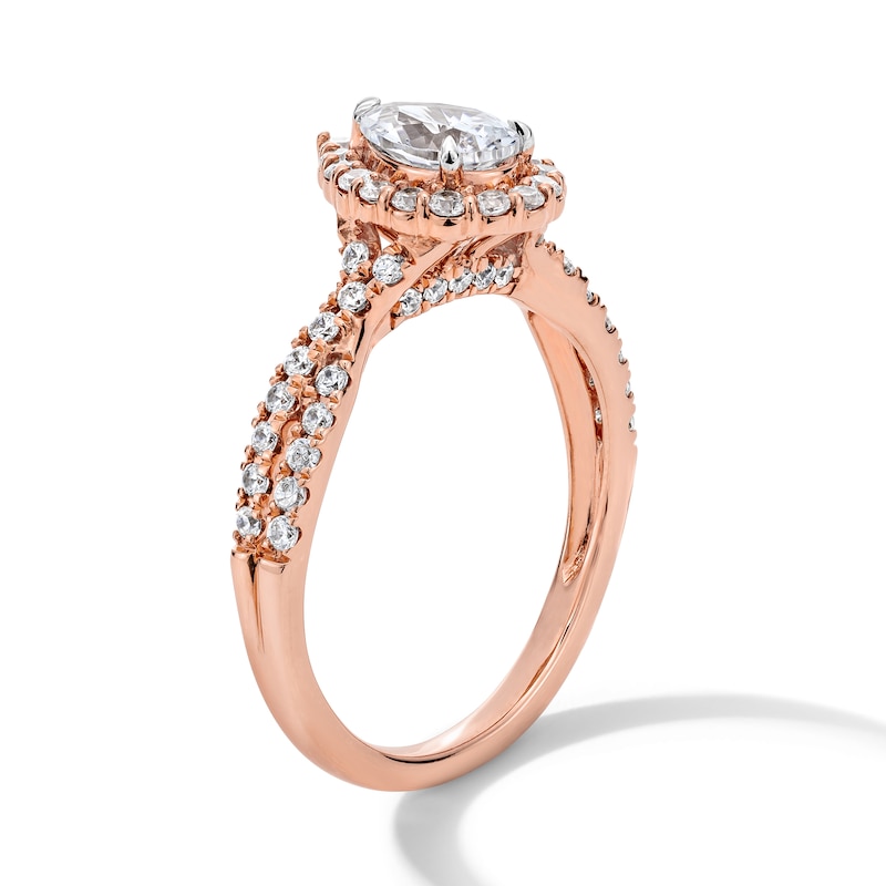 Main Image 2 of 1 CT. T.W. Pear-Shaped Certified Lab-Grown Diamond Frame Crossover Shank Engagement Ring in 14K Rose Gold (F/SI2)