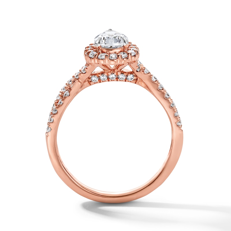 Main Image 3 of 1 CT. T.W. Pear-Shaped Certified Lab-Grown Diamond Frame Crossover Shank Engagement Ring in 14K Rose Gold (F/SI2)