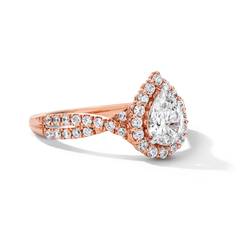 Main Image 4 of 1 CT. T.W. Pear-Shaped Certified Lab-Grown Diamond Frame Crossover Shank Engagement Ring in 14K Rose Gold (F/SI2)