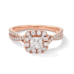 1 CT. T.W. Princess-Cut Certified Lab-Grown Diamond Cushion Frame Crossover Shank Engagement Ring in 14K Rose Gold