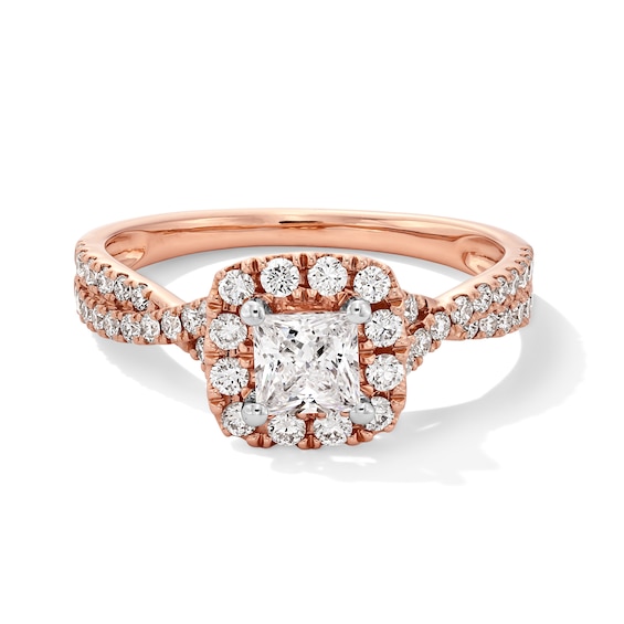 1 CT. T.w. Princess-Cut Certified Lab-Grown Diamond Cushion Frame Crossover Shank Engagement Ring in 14K Rose Gold