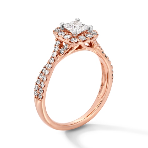 1 CT. T.w. Princess-Cut Certified Lab-Grown Diamond Cushion Frame Crossover Shank Engagement Ring in 14K Rose Gold