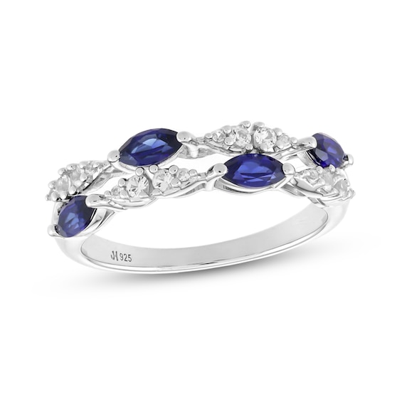 Marquise-Cut Ceylon Blue and White Lab-Created Sapphire Alternating Double Row Ring in Sterling Silver