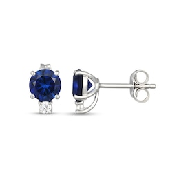 Blue Lab-Created Sapphire and 1/10 CT. T.W. Certified Lab-Grown Diamond Stud Earrings in Sterling Silver (I/SI2)