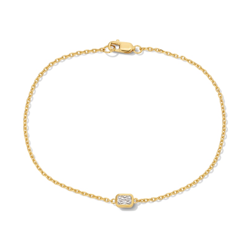 Main Image 1 of 1/4 CT. Emerald-Cut Certified Lab-Grown Diamond Solitaire Bracelet in Sterling Silver with 14K Gold Plate (F/VS2)