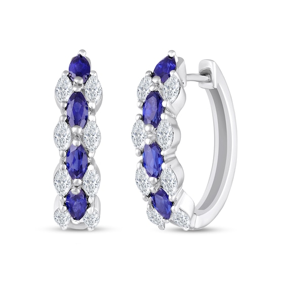 Marquise-Cut Blue and White Lab-Created Sapphire Triple Row Hoop Earrings in Sterling Silver