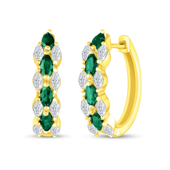 Marquise Lab-Created Emerald and White Lab-Created Sapphire Triple Row Hoop Earrings in Sterling Silver with Gold Plate