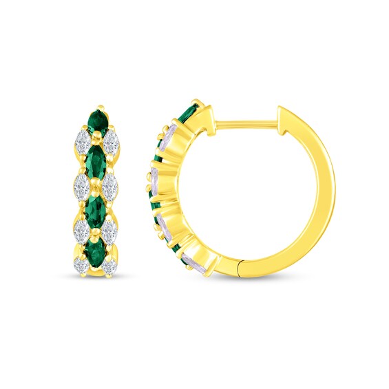Marquise Lab-Created Emerald and White Lab-Created Sapphire Triple Row Hoop Earrings in Sterling Silver with Gold Plate
