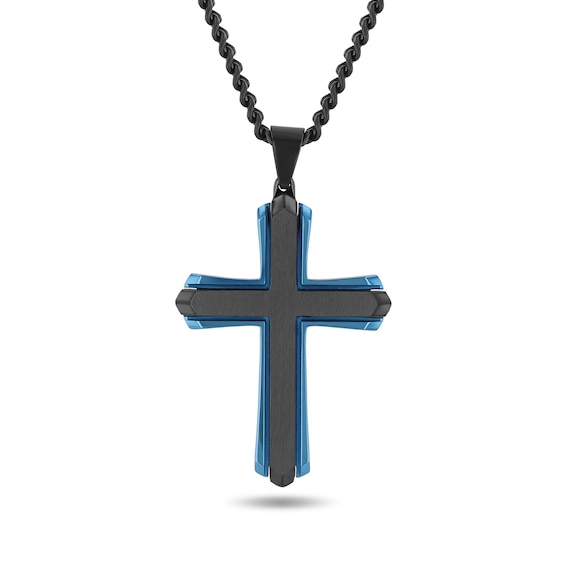 Layered Cross Pendant in Stainless Steel with Black and Blue Ion Plate - 24”