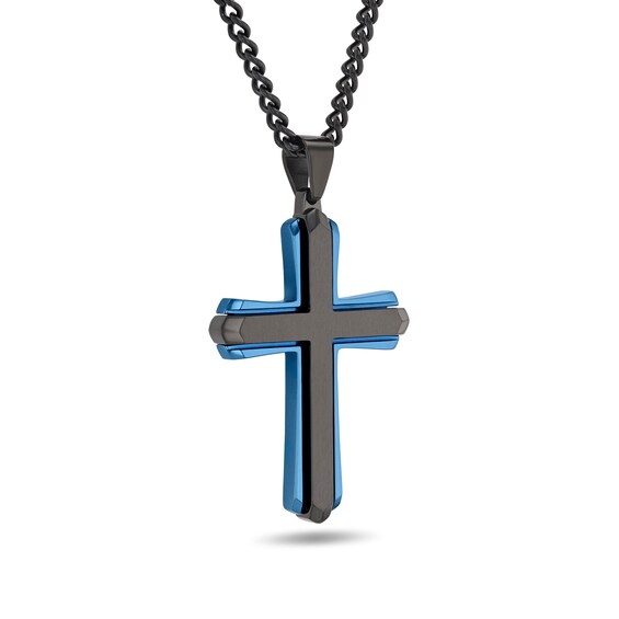 Layered Cross Pendant in Stainless Steel with Black and Blue Ion Plate - 24”