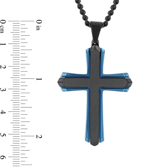 Layered Cross Pendant in Stainless Steel with Black and Blue Ion Plate - 24”