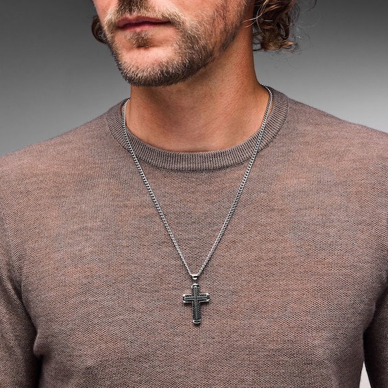 1/4 CT. T.w. Black Diamond Cross Pendant in Stainless Steel and Black Ion Plate - 24”