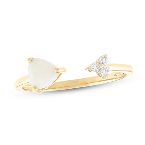 5.0mm Trillion-Cut Opal and 1/20 CT. T.w. Diamond Trio Open Shank Ring in 10K Gold - Size 7