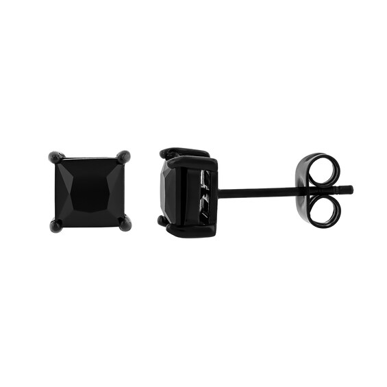 6.0mm Square-Cut Black Spinel Solitaire Stud Earrings in Stainless Steel with Black Ion Plate