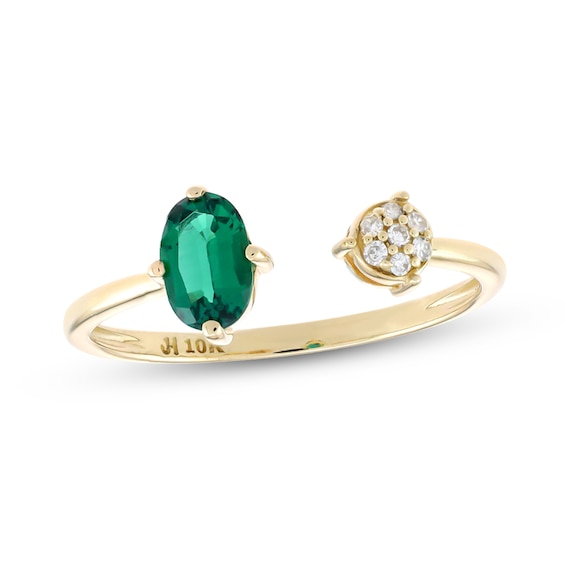 Oval Lab-Created Emerald and Diamond Accent Open Shank Ring in 10K Gold - Size 7