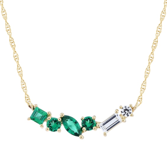Multi-Shaped Lab-Created Emerald and White Lab-Created Sapphire Scatter Necklace in 10K Gold